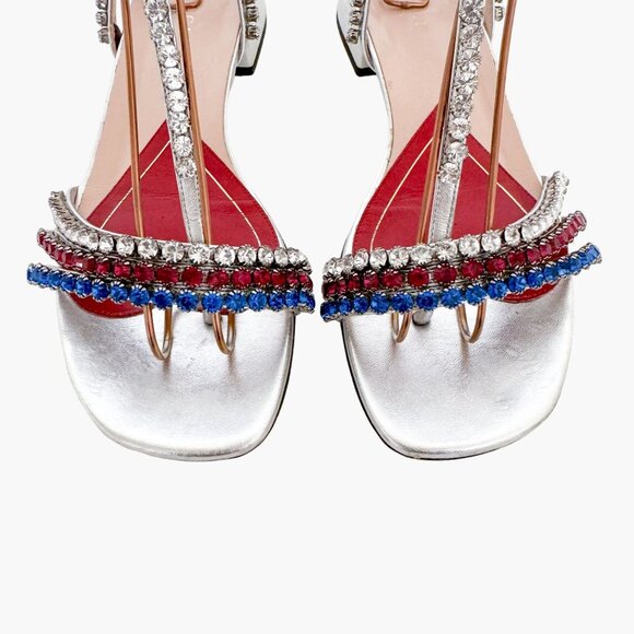 Gucci Bertie Crystal T-Strap Flat Sandals EU 37.5 US 7.5 Silver Red White Blue - Picture 3 of 13